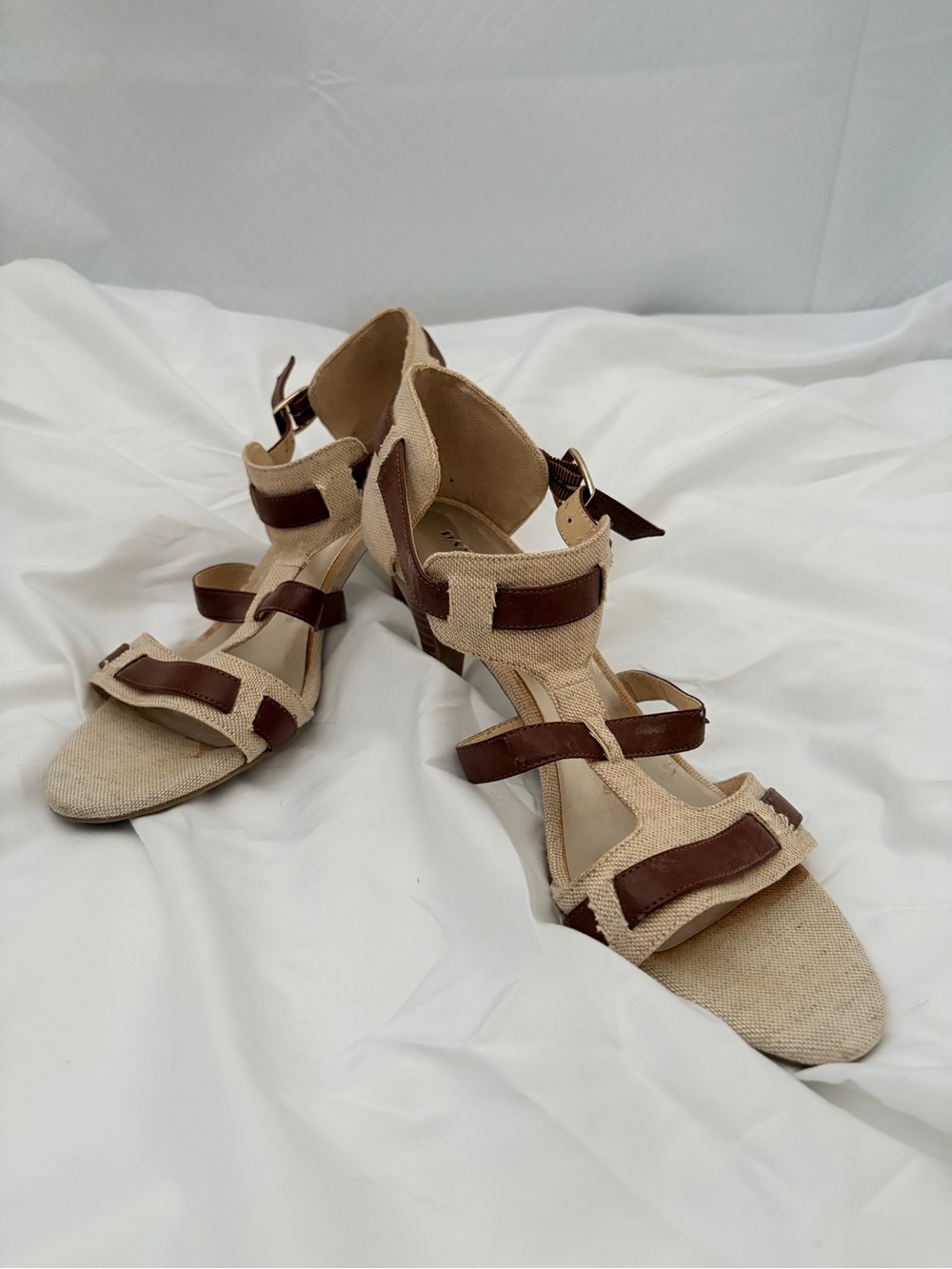 Dana Buchman Beige and Brown Strappy Block Heel Sandals